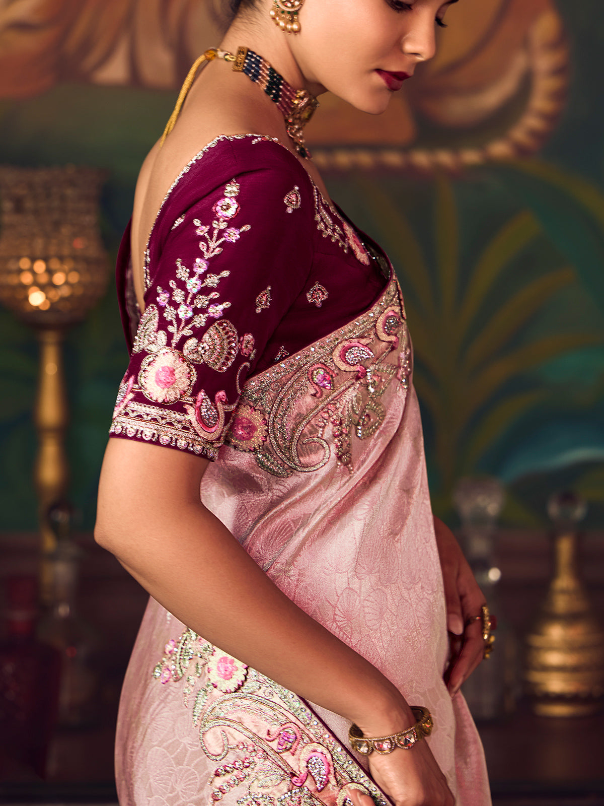 Light pink silk embroidered elegant saree