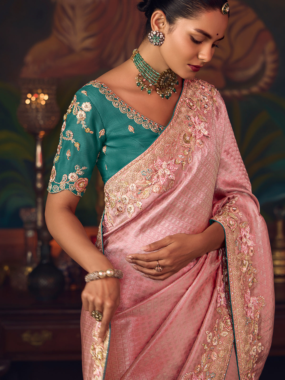 Onion pink silk embroidered festive saree