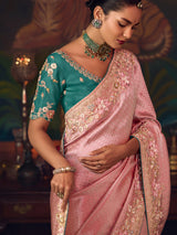 Onion pink silk embroidered festive saree