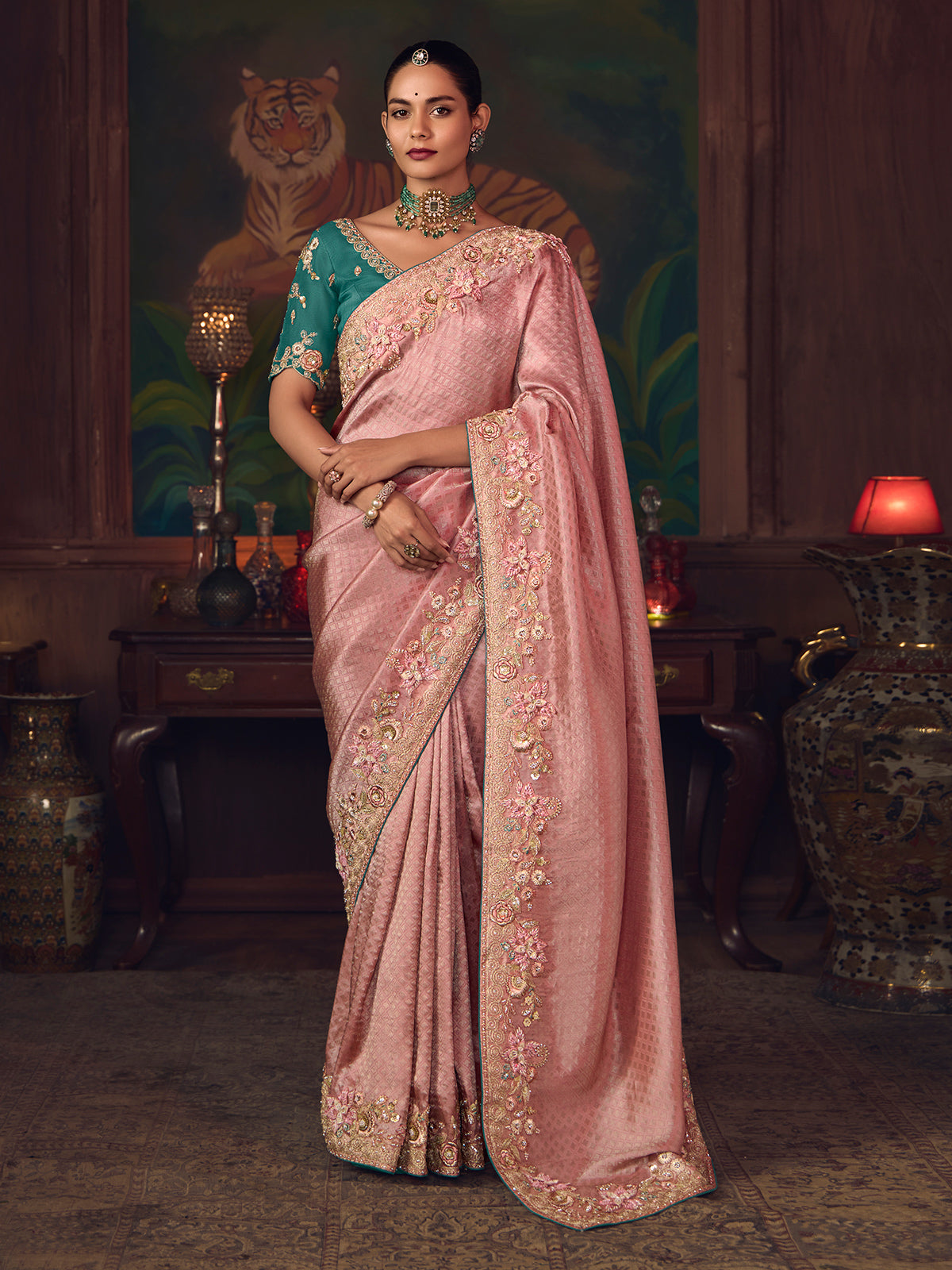 Onion pink silk embroidered festive saree