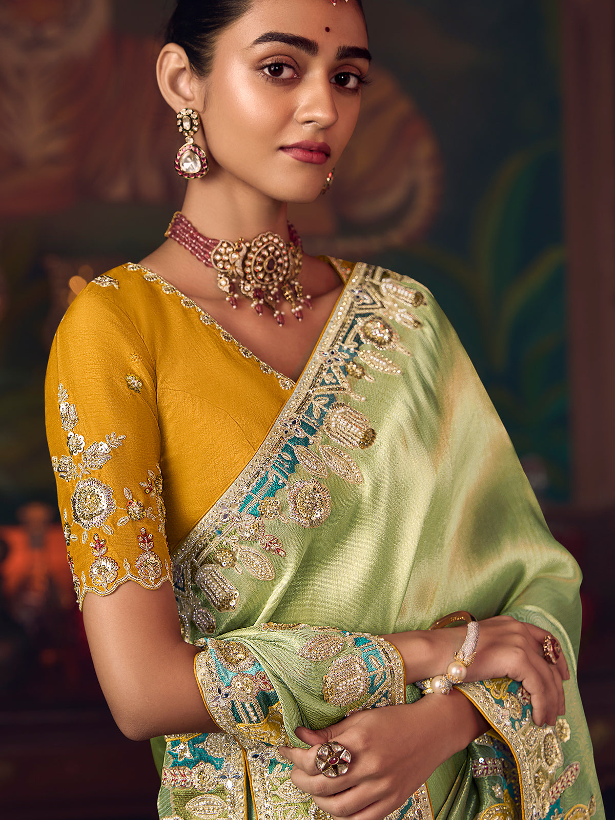 Pista green silk embroidered wedding saree