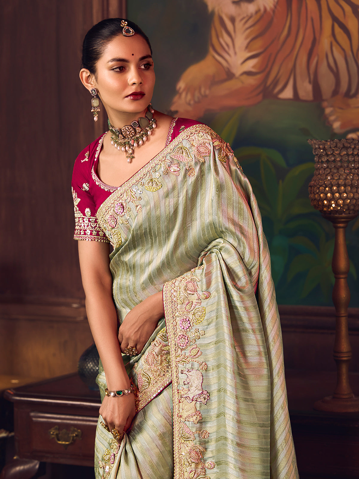 Sage green silk embroidered reception saree