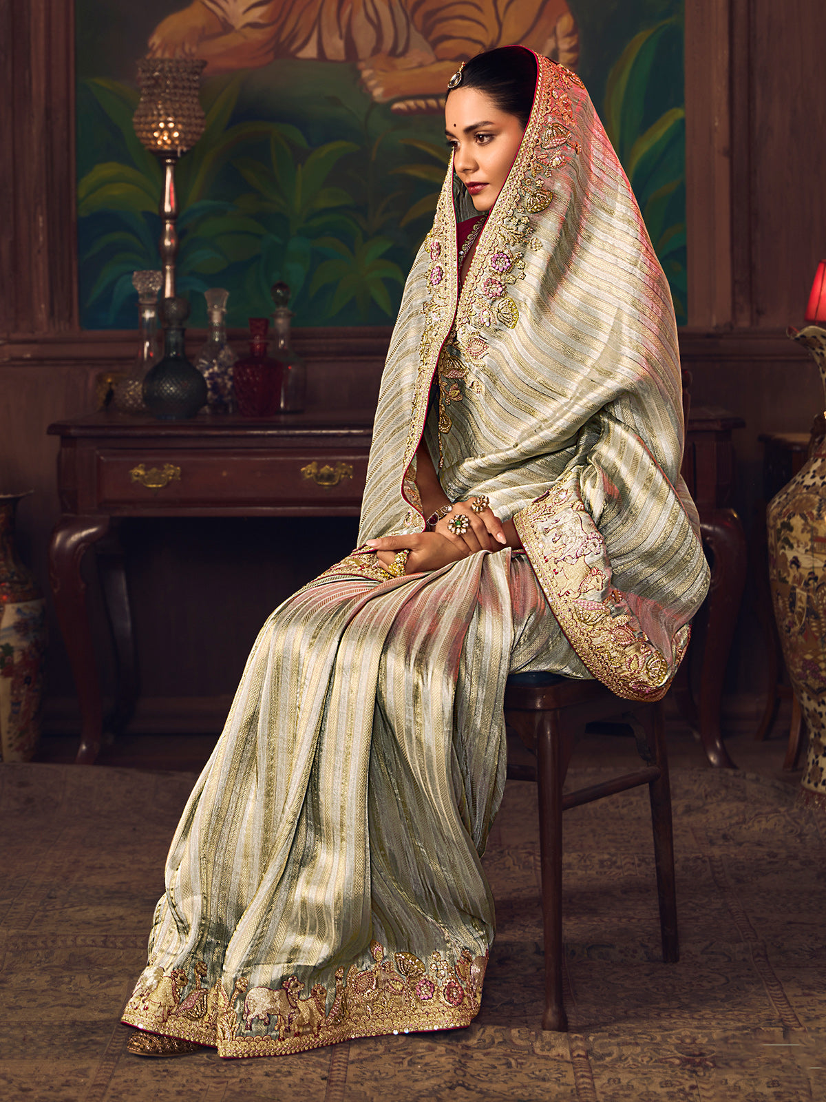Sage green silk embroidered reception saree
