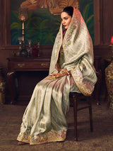 Sage green silk embroidered reception saree