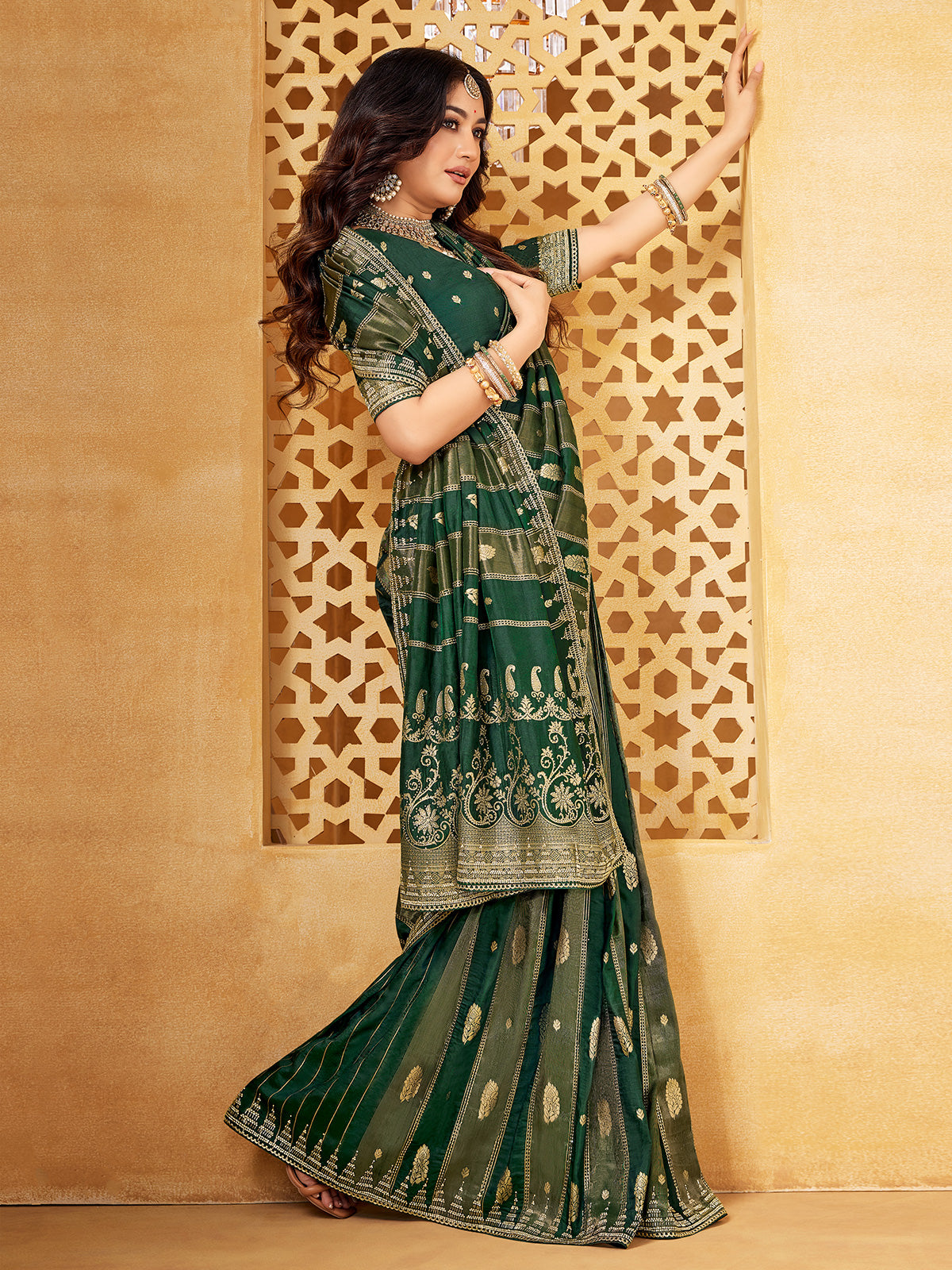 Green viscose embellished festive wear saree