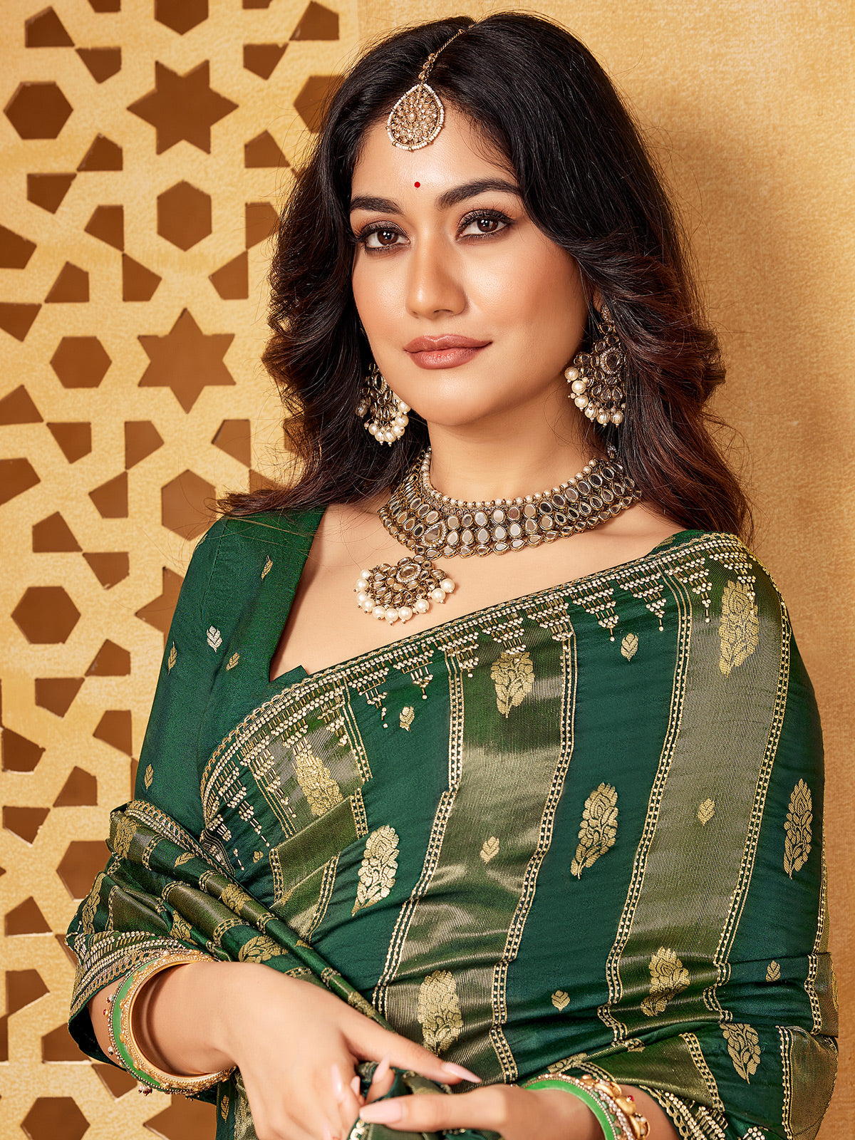 Green viscose embellished festive wear saree