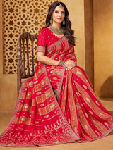 Red viscose embellished wedding saree