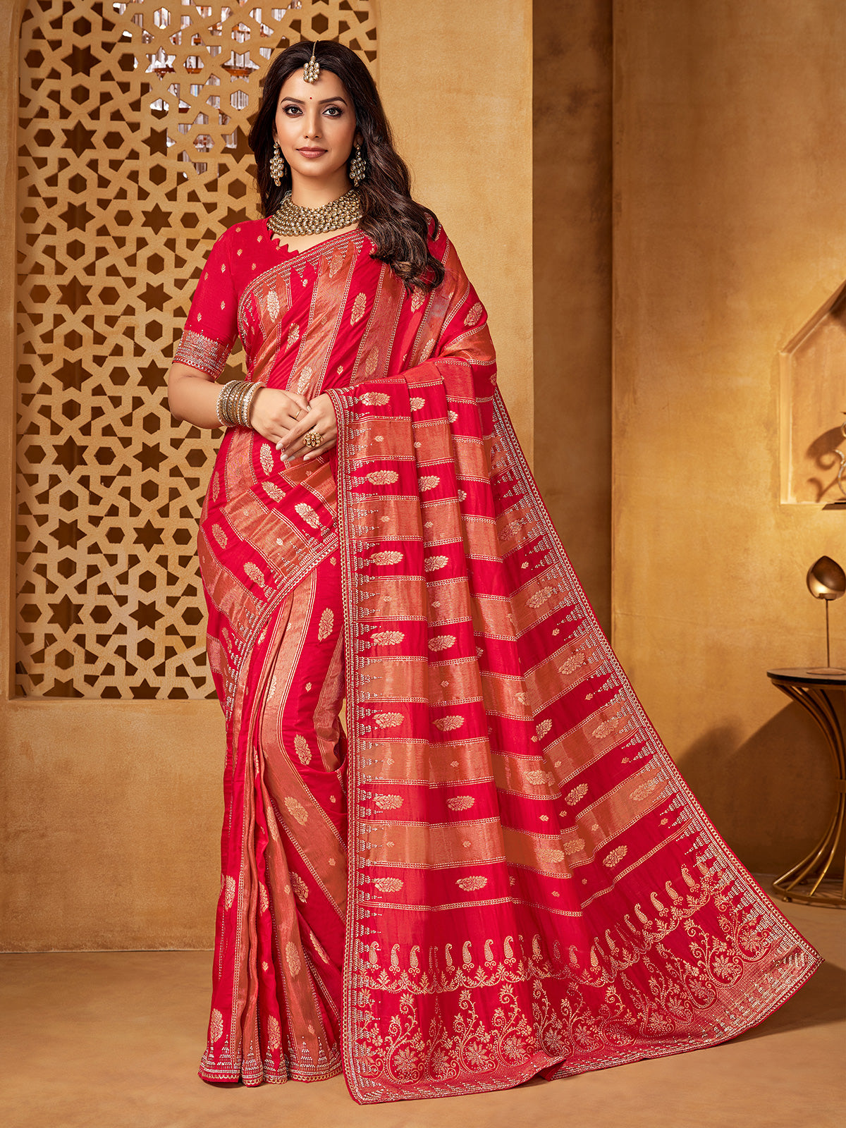 Red viscose embellished wedding saree