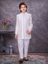 Graceful white silk jacketed celebration ensemble