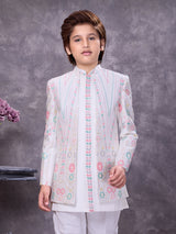 Graceful white silk jacketed celebration ensemble