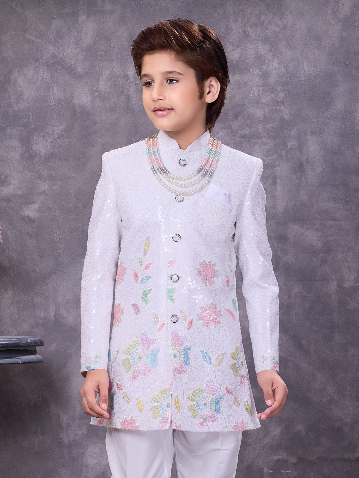 Minimal white silk festive boys indowestern