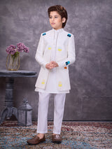 Textured white jacquard jacket style indowestern