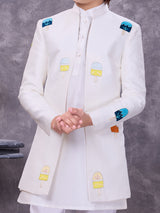 Textured white jacquard jacket style indowestern