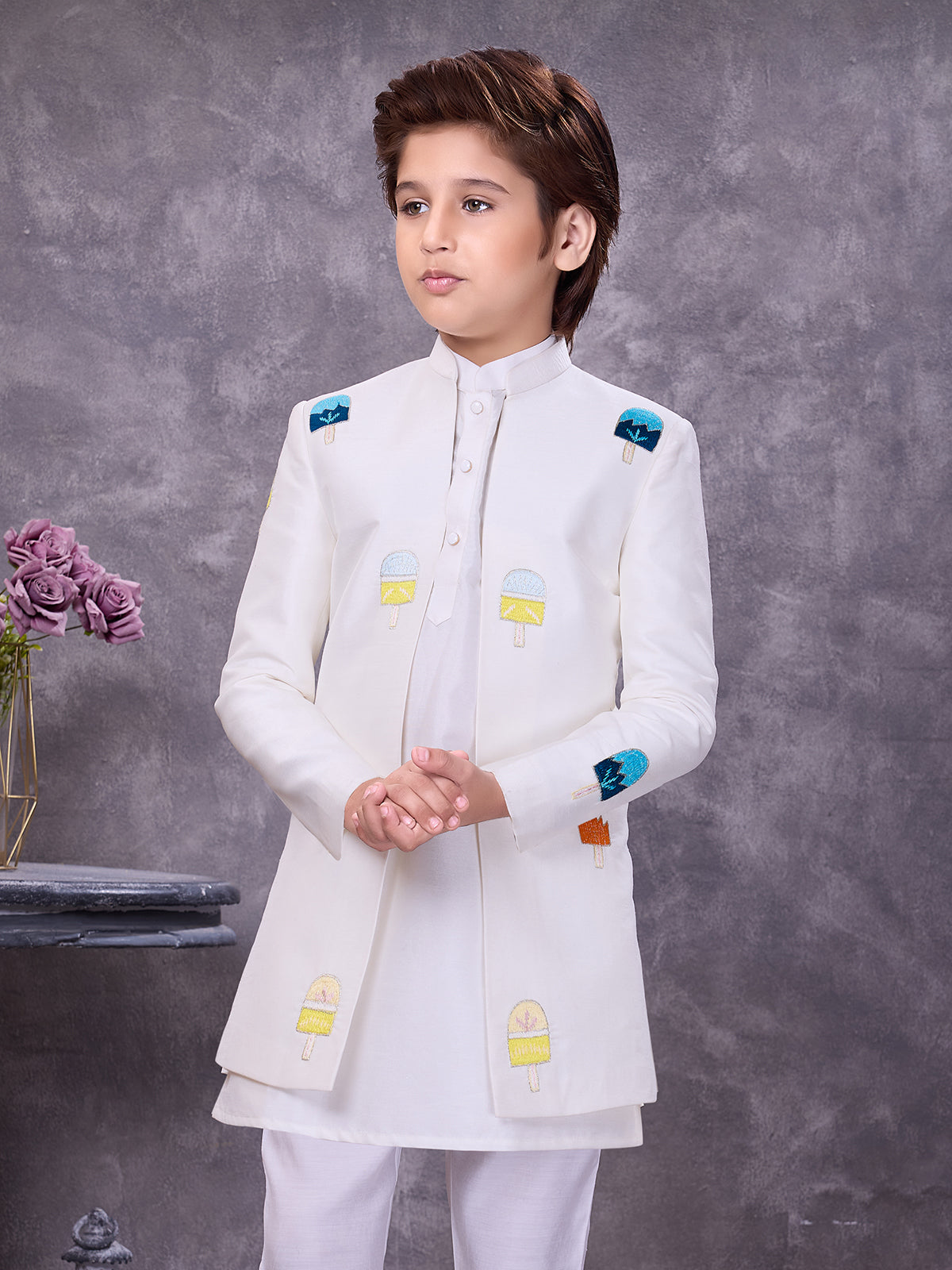 Textured white jacquard jacket style indowestern