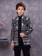 Bold black jacquard jacketed ethnic ensemble