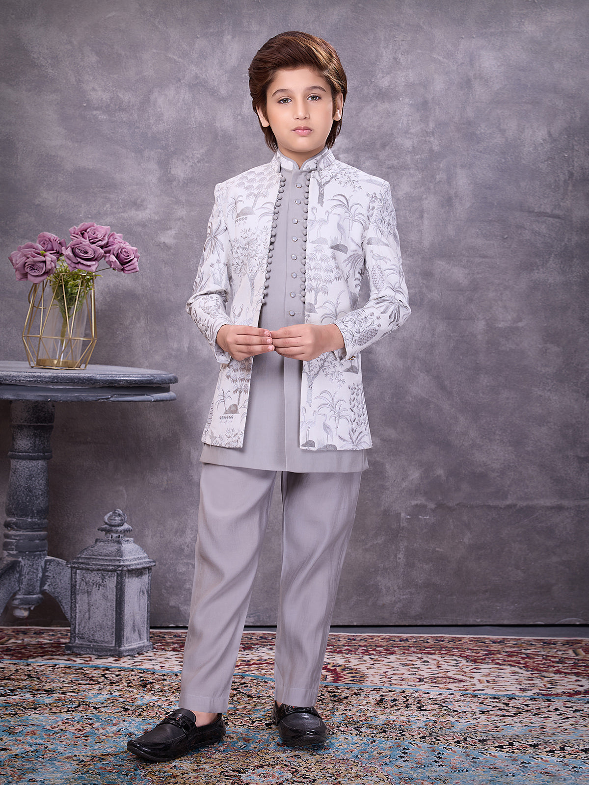 Sophisticated grey jacquard embellished indowestern