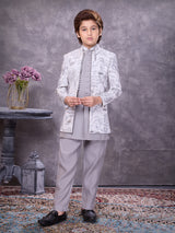Sophisticated grey jacquard embellished indowestern