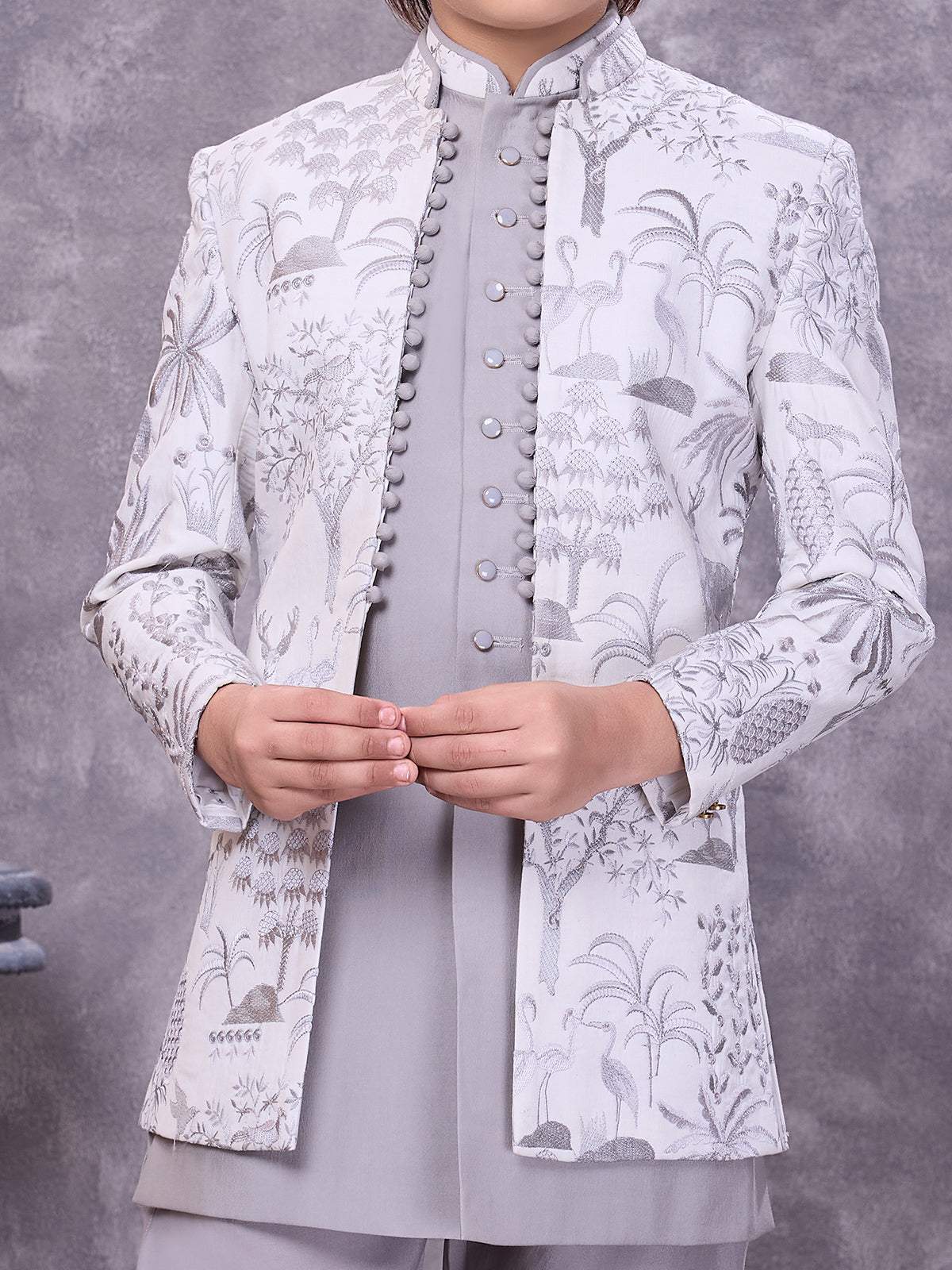 Sophisticated grey jacquard embellished indowestern