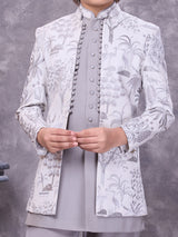 Sophisticated grey jacquard embellished indowestern