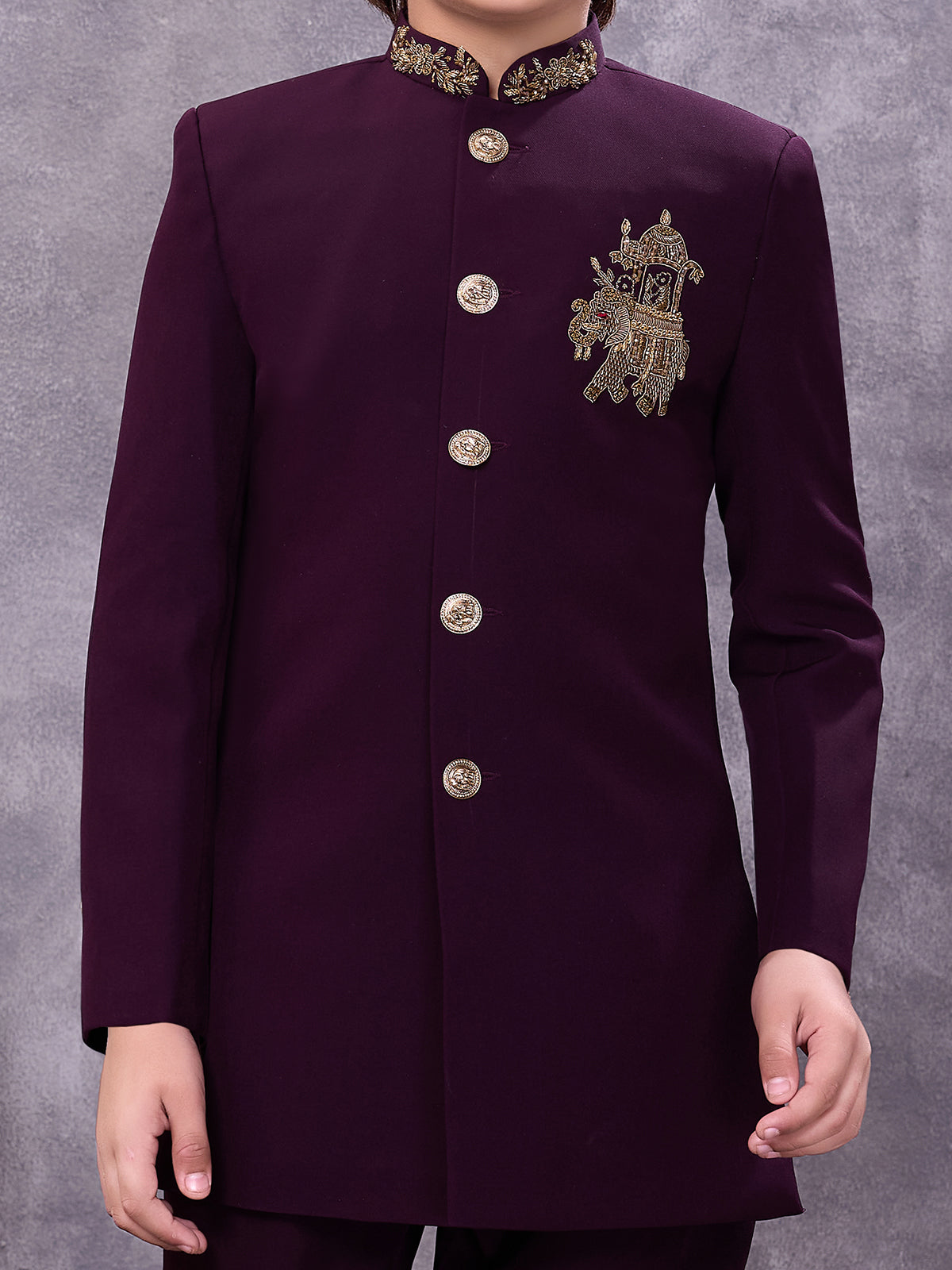 Wine jacquard heavily adorned festive indowestern