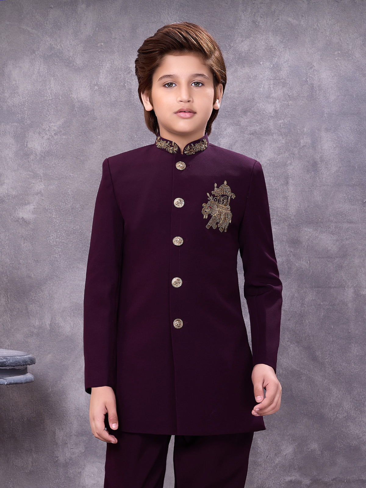 Wine jacquard heavily adorned festive indowestern