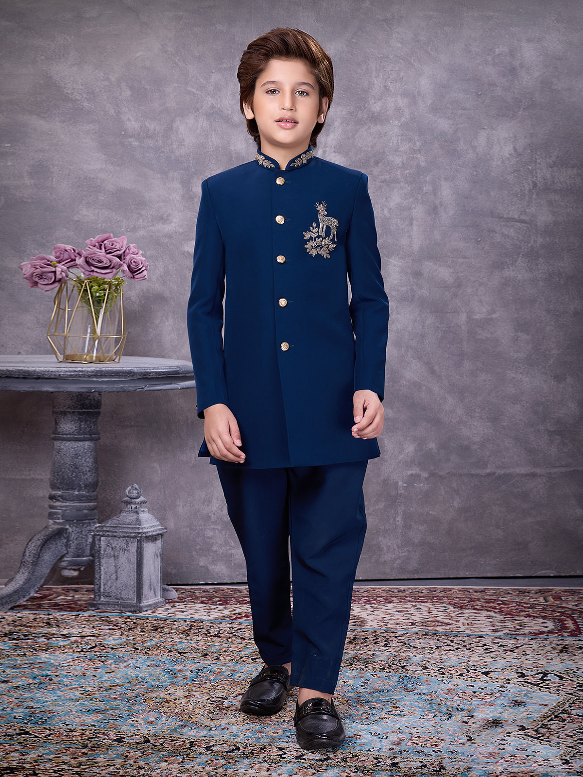 Blue jacquard ornate zardosi boys indowestern
