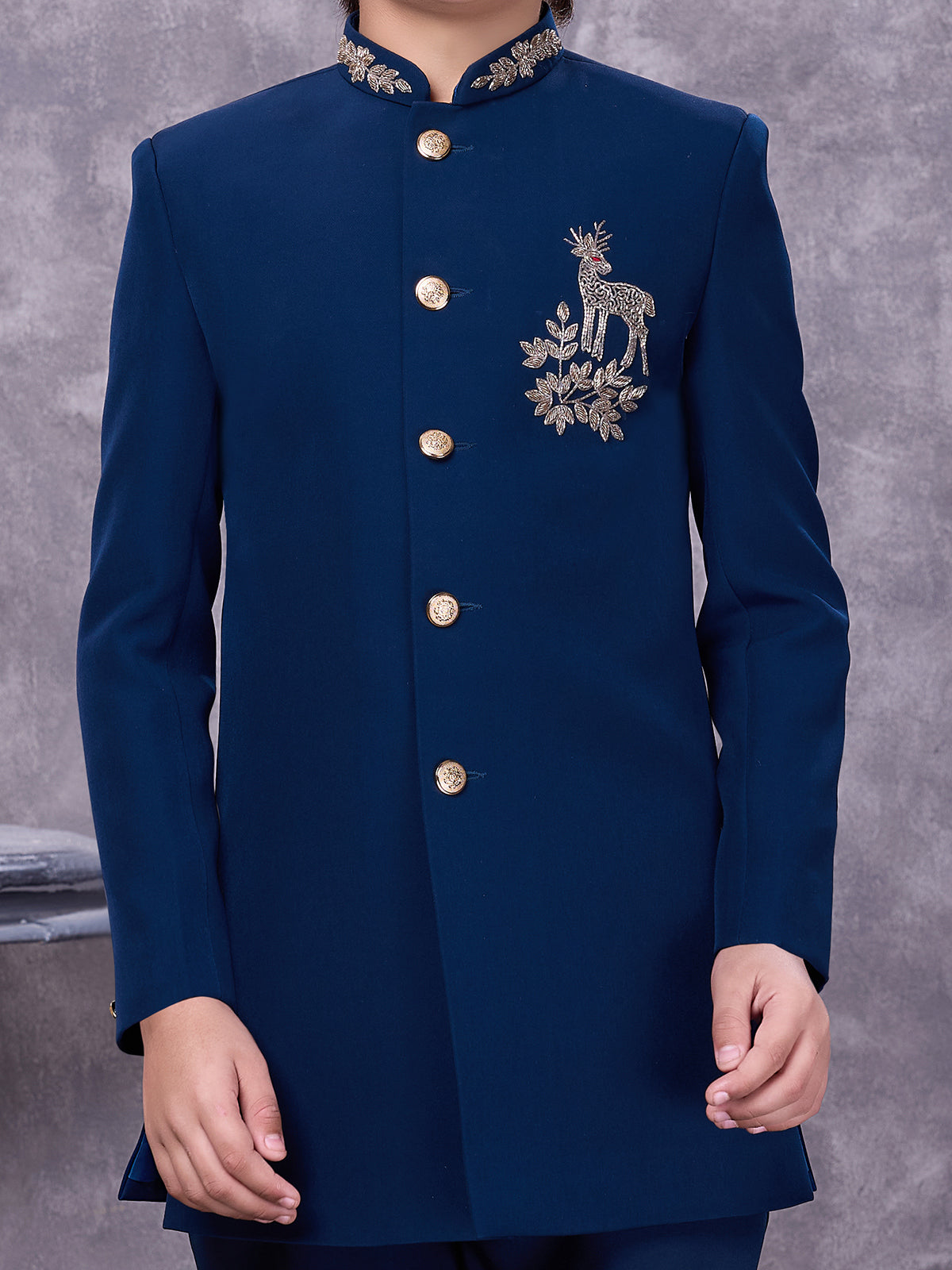 Blue jacquard ornate zardosi boys indowestern