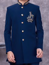 Blue jacquard ornate zardosi boys indowestern