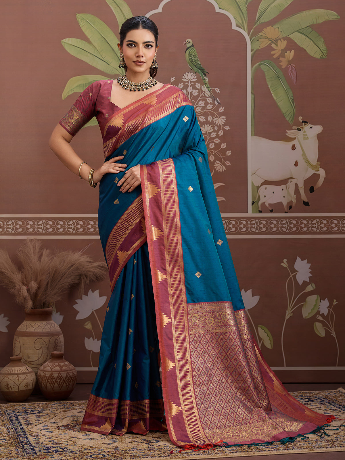 Peacock blue tussar silk zari handloom saree