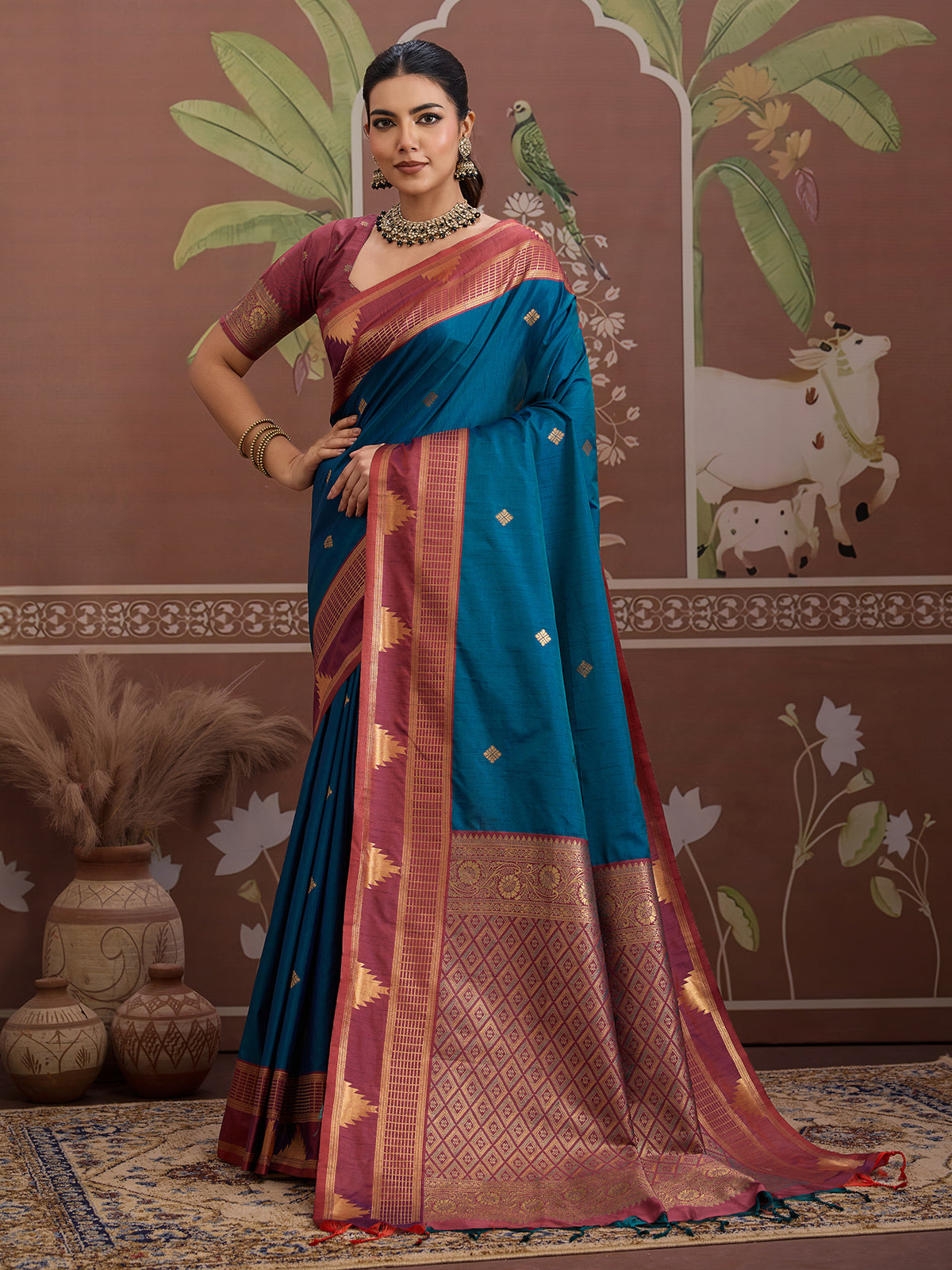 Peacock blue tussar silk zari handloom saree