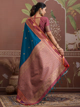 Peacock blue tussar silk zari handloom saree