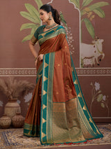 Rust brown tussar silk zari handloom saree
