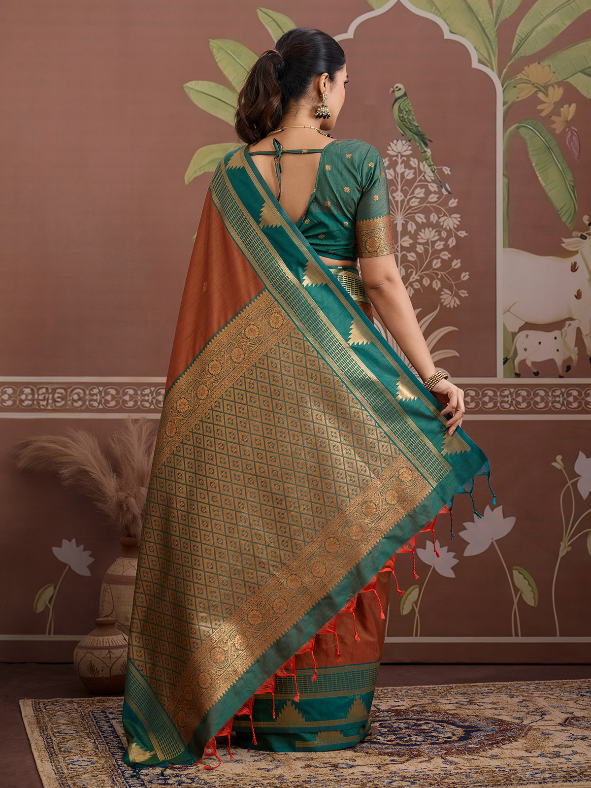 Rust brown tussar silk zari handloom saree