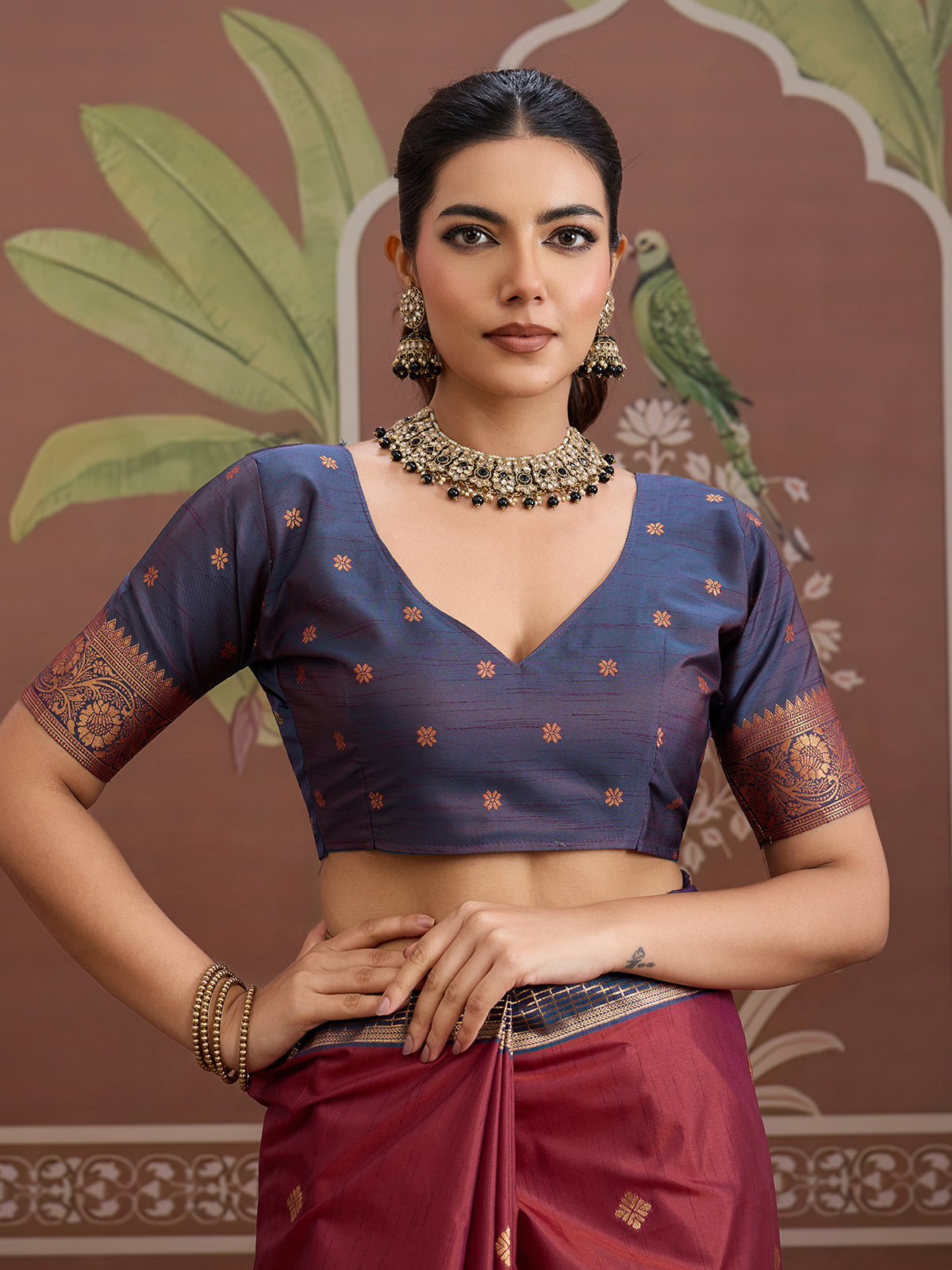 Maroon tussar silk saree with zari weaving
