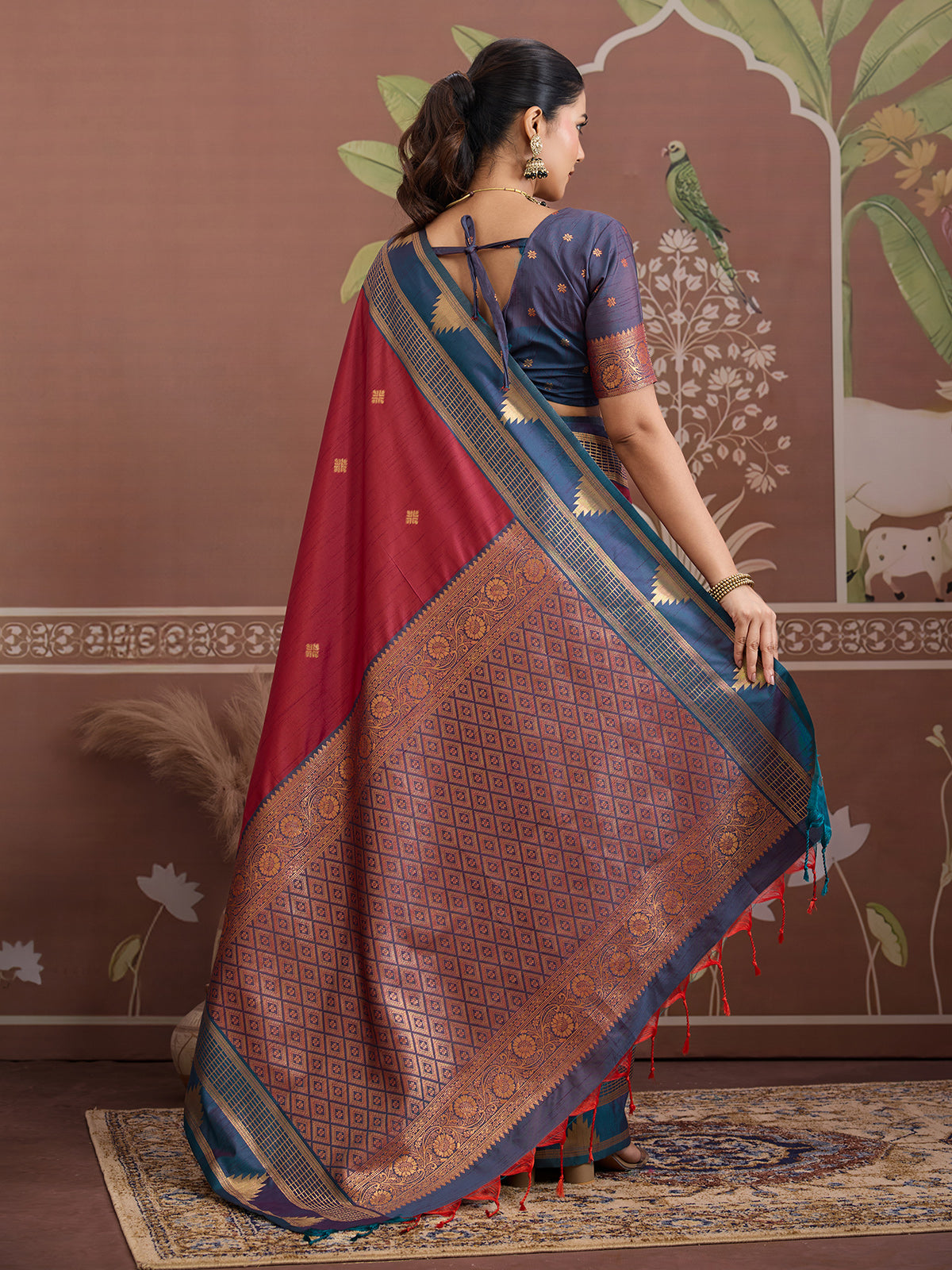 Maroon tussar silk saree with zari weaving