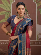 Maroon tussar silk saree with zari weaving