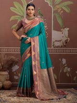 Aqua blue tussar silk handloom zari saree