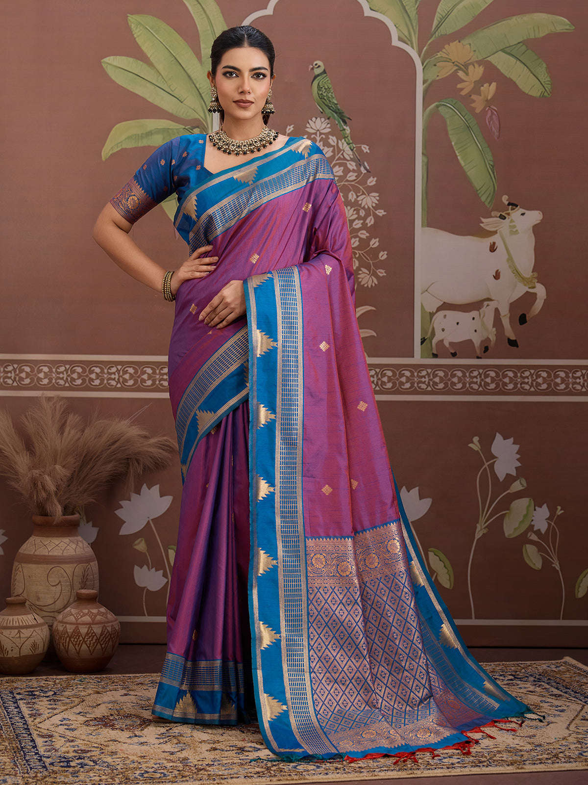 Purple tussar silk zari handloom festive wear saree