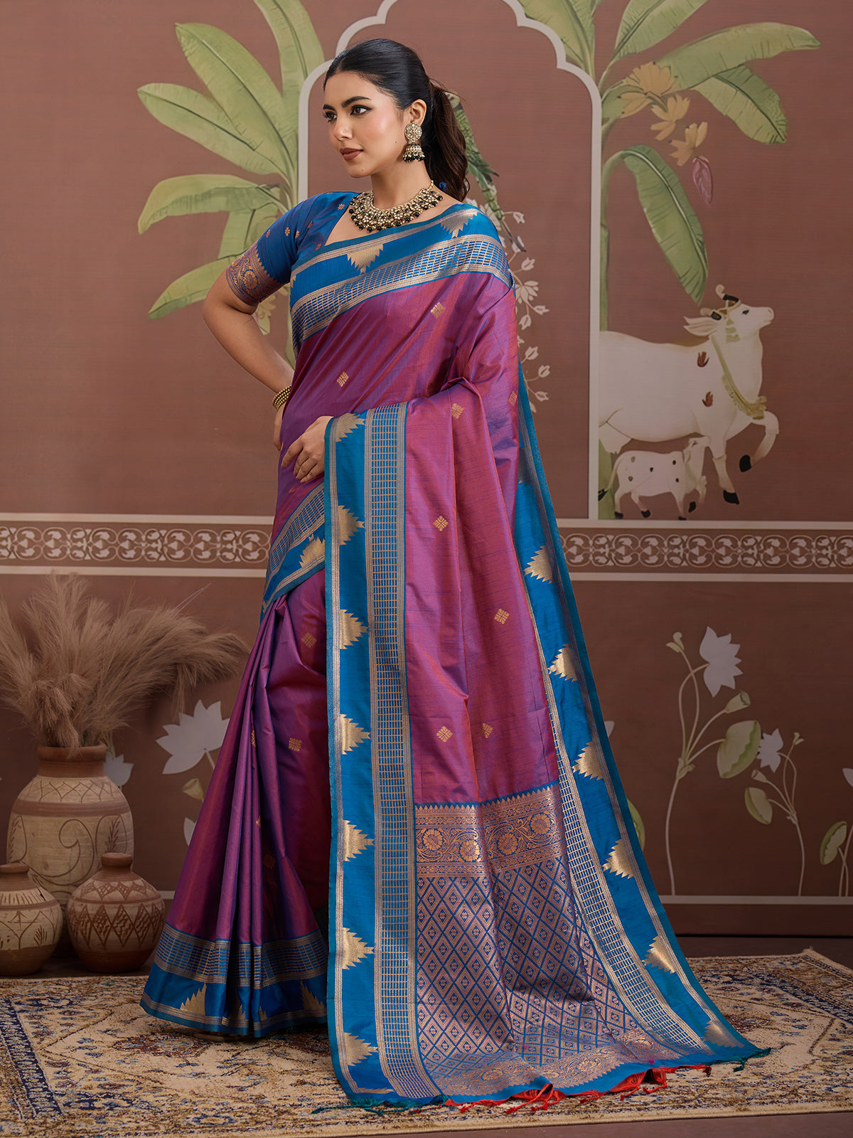 Purple tussar silk zari handloom festive wear saree
