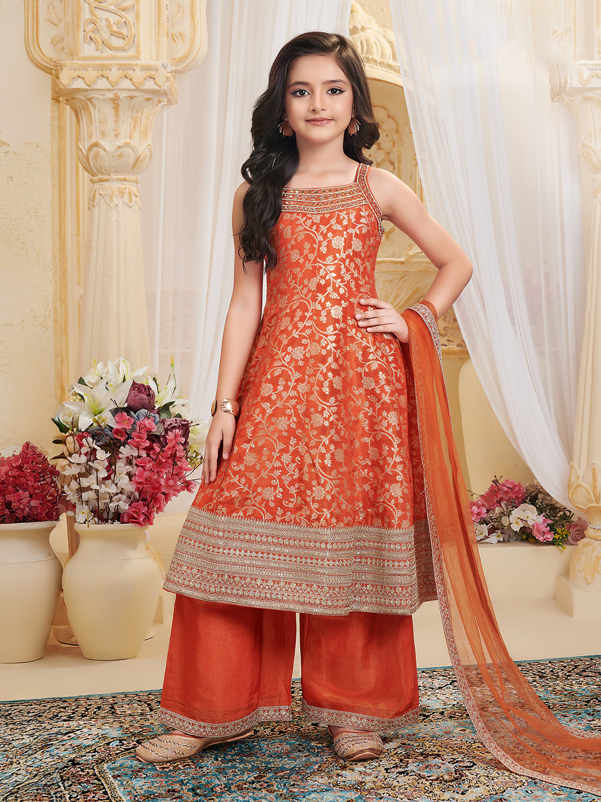Orange embellished palazzo suit with dupatta