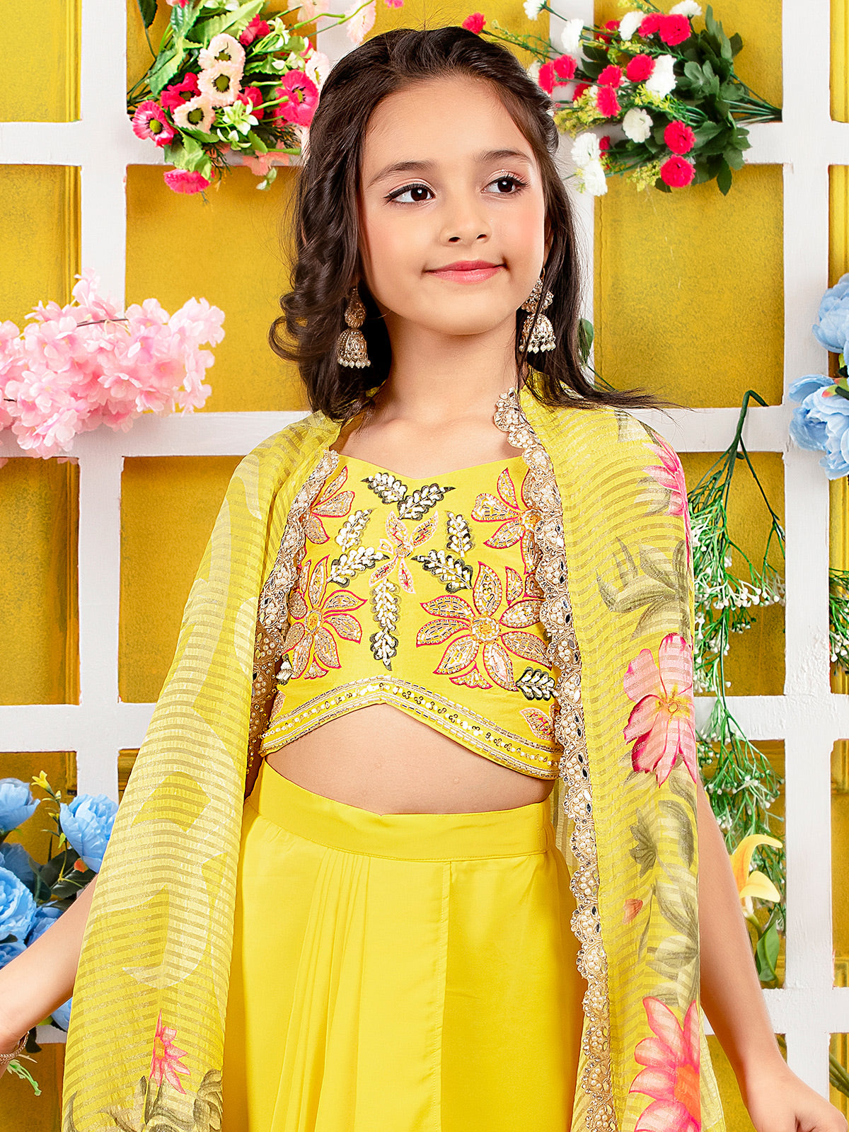 Yellow indowestern designer suit with shrug