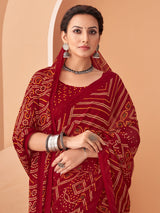 Maroon bandhani printed chiffon saree