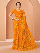Mustard yellow bandhani chiffon saree for women