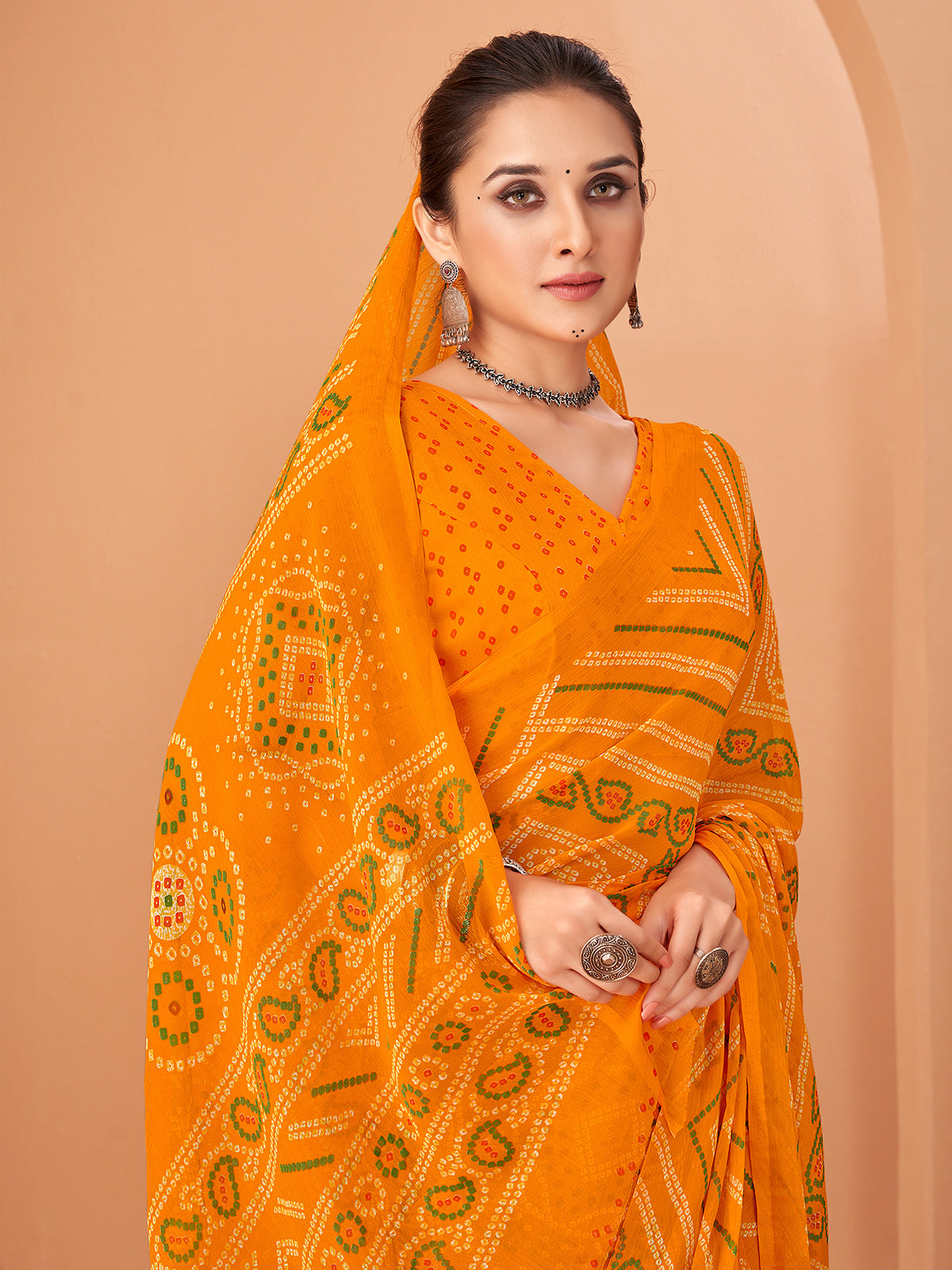 Mustard yellow bandhani chiffon saree for women