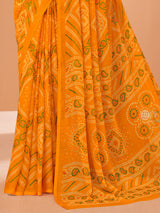 Mustard yellow bandhani chiffon saree for women