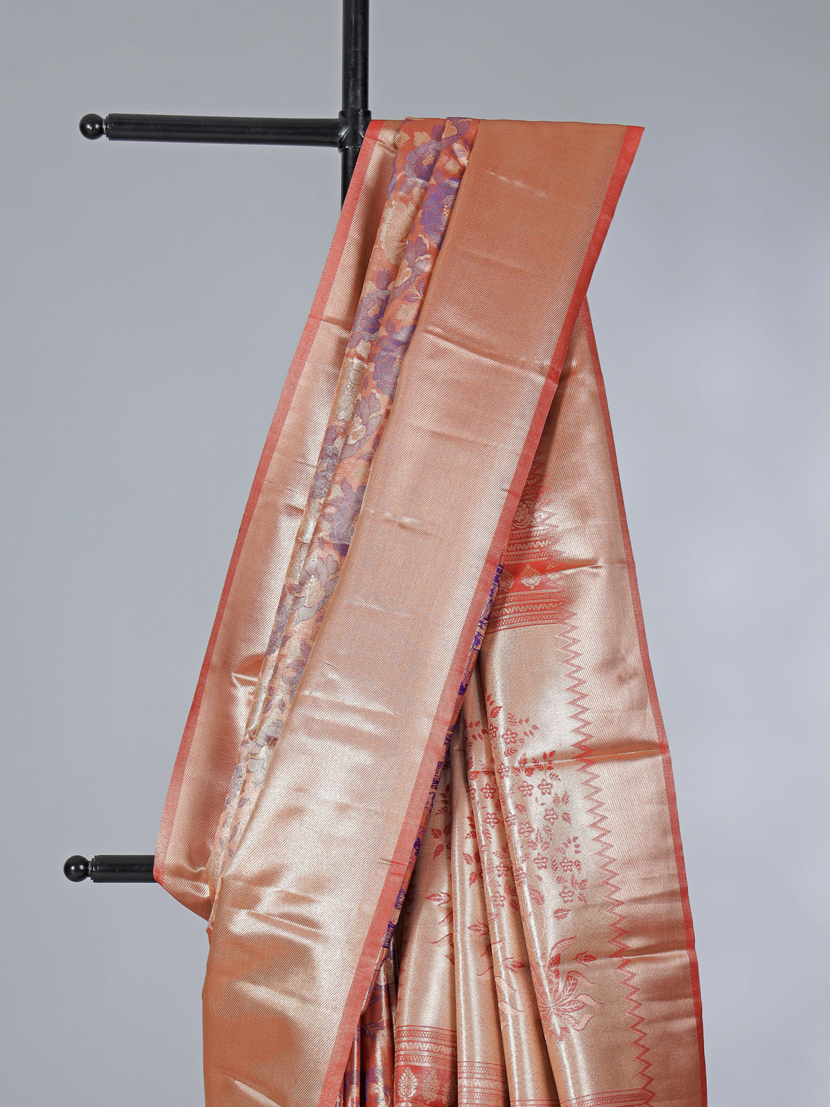 Peach floral printed kanjivaram silk zari saree