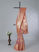 Peach floral printed kanjivaram silk zari saree