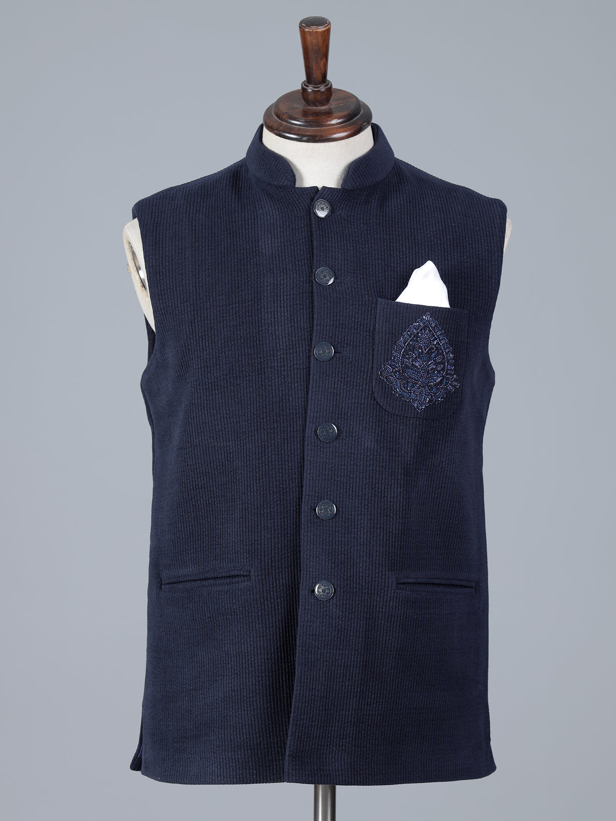 Navy blue woolen waistcoat with zardosi on pocket