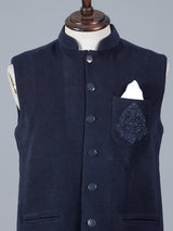 Navy blue woolen waistcoat with zardosi on pocket
