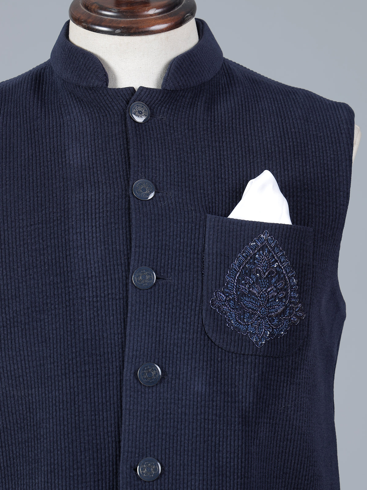 Navy blue woolen waistcoat with zardosi on pocket